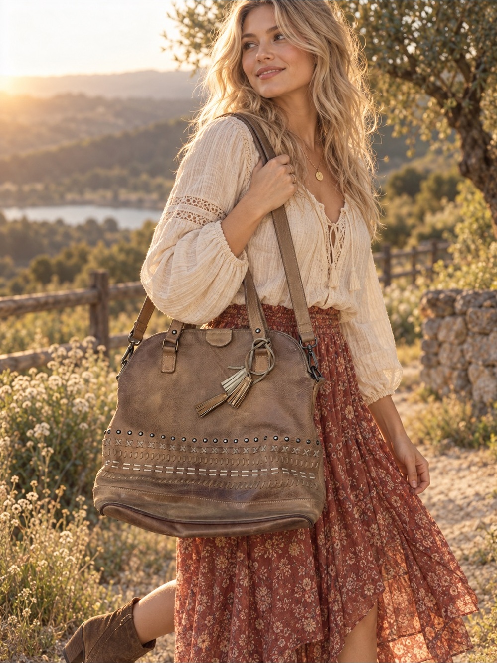 Percibal Handmade 100% distressed Leather Brown Boho Studded Shoulder Bag Purse